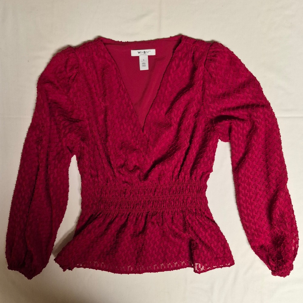 White House Black Market WHBM Red Textured Smocked Waist Peplum Blouse Small